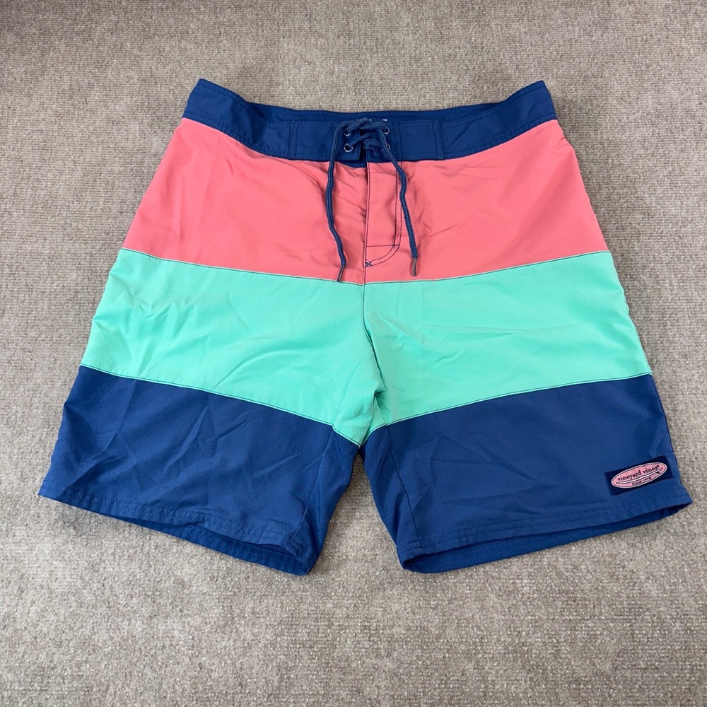 Vineyard Vines Mens Size 33 Colorblock Board Shorts Pink Green Navy Swim Trunks